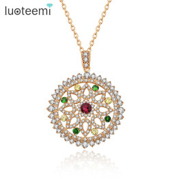 LUOTEEMI Wholesale Jewelry Europe Design Luxury Multicolor Cubic Zirconia Mirco Paved Big Round Pendant Necklace for Women Gift
