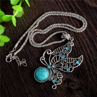 Vintage Butterfly Necklace Tibetan Silver Design Lady Jewelry Turquoise Necklaces & Pendants For Memorial Gift